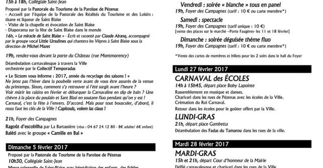 Programme détaillé de la Saint Blaise à Carnaval de Pézenas 2017